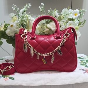STEVE MADDEN Red Quilted Satchel with Chain Detail